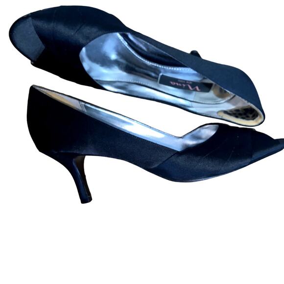 Nina Heels Womens Size 9 Open Toe Heels Black Satin Pleated 3" Heel * - Picture 1 of 8